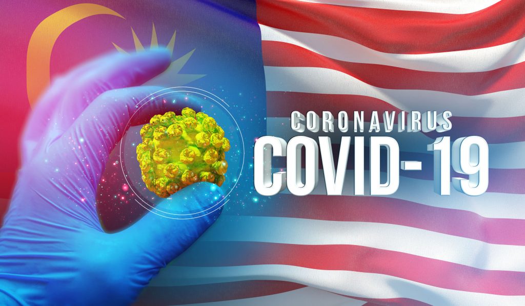 Coronavirus COVID-19 outbreak concept, health threatening virus, background waving national flag of Malaysia. Pandemic stop Novel Coronavirus outbreak covid-19 3D illustration.